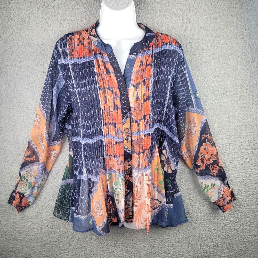 Queenspark Tunic Top Medium Orange Blue Abstract Print Pintuck Boho High Low